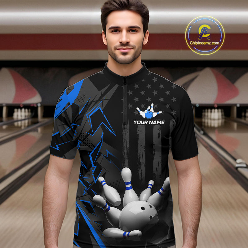 Custom Bowling Team Men Polo Shirt Quarter Zip 1/4 Personalized Name Performance Bowling Jersey|Blue NHT1331