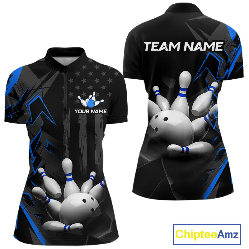Custom Bowling Team Women Polo Shirt Quarter Zip 1/4 Personalized Name Performance Bowling Jersey|Blue NHT1331