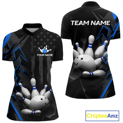 Custom Bowling Team Women Polo Shirt Quarter Zip 1/4 Personalized Name Performance Bowling Jersey|Blue NHT1331