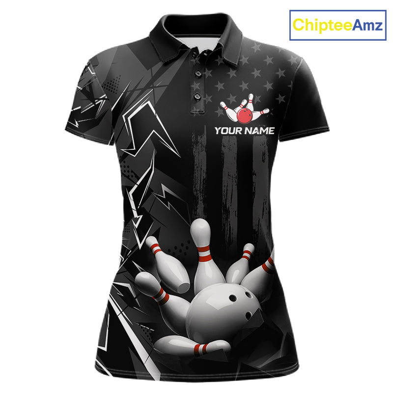 Custom Bowling Team Women Polo Shirt Quarter Zip 1/4 Personalized Name Performance Bowling Jersey|Black White NHT1332