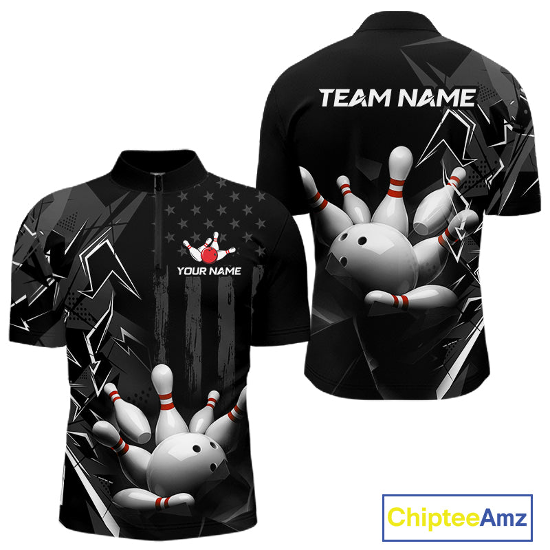 Custom Bowling Team Men Polo Shirt Quarter Zip 1/4 Personalized Name Performance Bowling Jersey|Black White NHT1332
