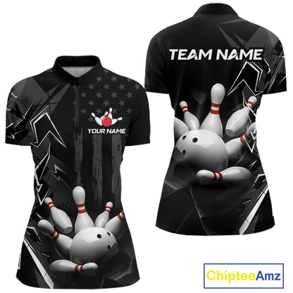 Custom Bowling Team Women Polo Shirt Quarter Zip 1/4 Personalized Name Performance Bowling Jersey|Black White NHT1332