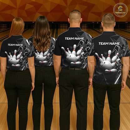 Custom Bowling Team Men Polo Shirt Quarter Zip 1/4 Personalized Name Performance Bowling Jersey|Black White NHT1332