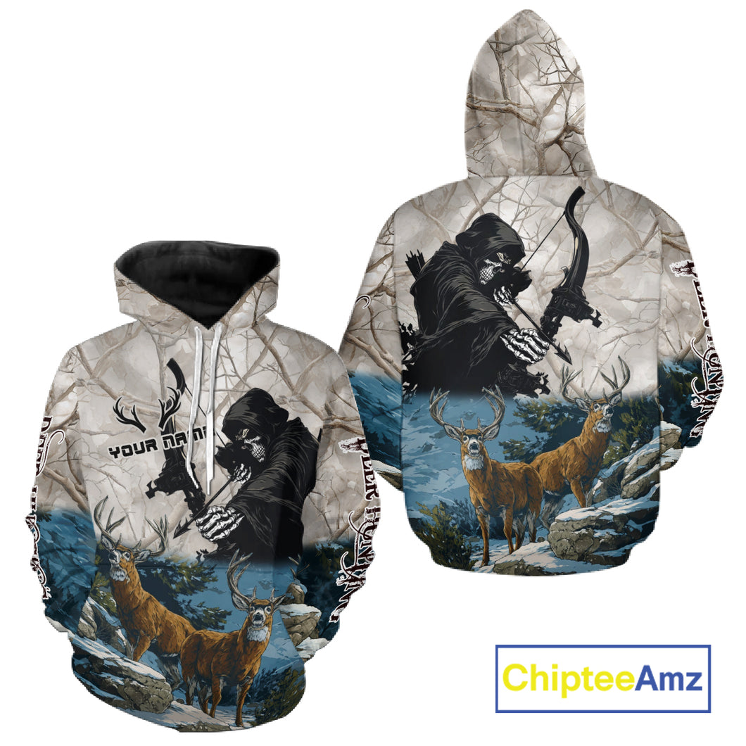 Blue Bowhunting Deer Camouflage Personalized Hunting Bow Grim Reaper Shirt NHT16