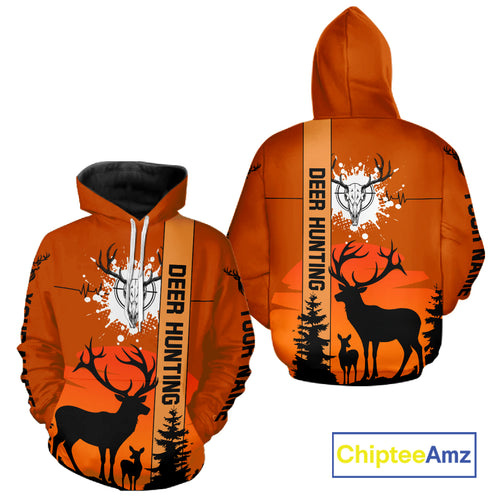 Custom Deer Hunting Shirt Orange 3D All Over Print with Deer Skull & Forest Silhouette NHT33