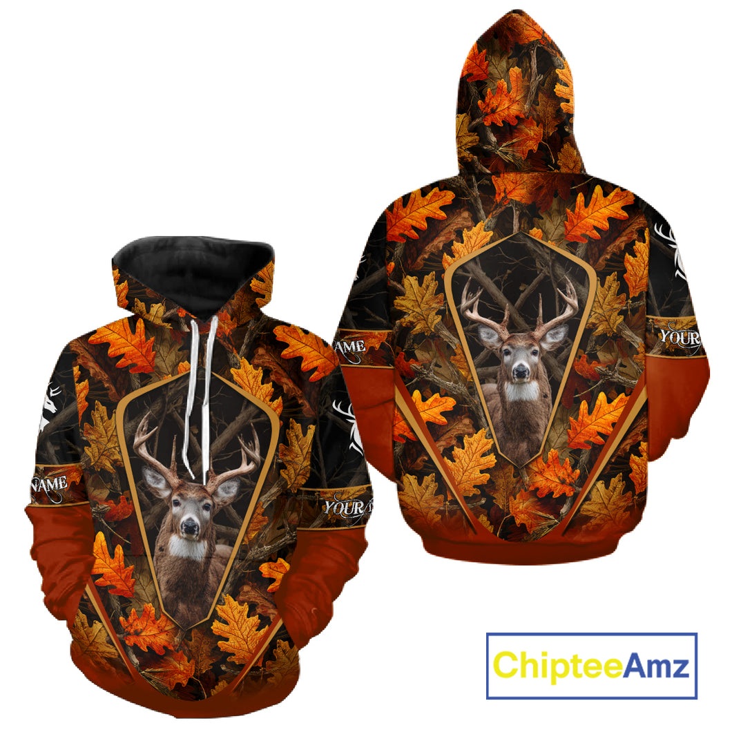 Personalized Whitetail Deer Hunting 3D All Over Printed Hoodie Orange Autumn Leaves Camo NHT43