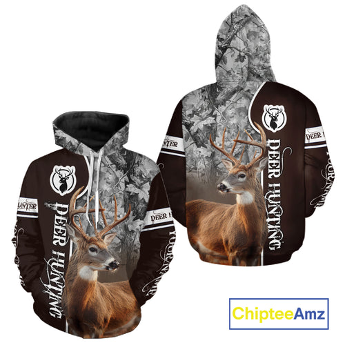 Deer Hunting Shirt Personalized 3D All Over Print Brown With Gray Camo Hunting Clothes NHT60