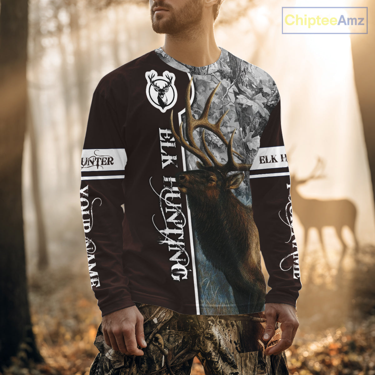Elk Hunting Shirt Personalized 3D All Over Print Brown With Gray Camo Hunting Clothes NHT99