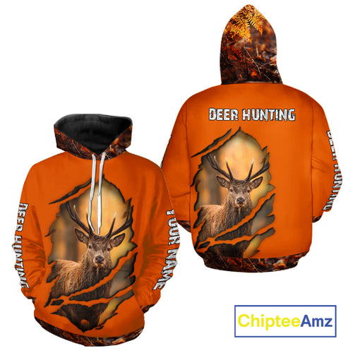 Deer Hunting Shirt Orange Forest Camo Hoodie, Long Sleeve Custom Name For Men NHT06