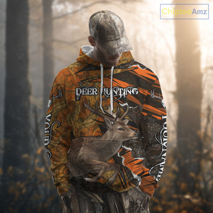 Best Deer Hunting Shirt Personalized 3D All Over Print Black With Orange Camo Hunting Clothes NHT61