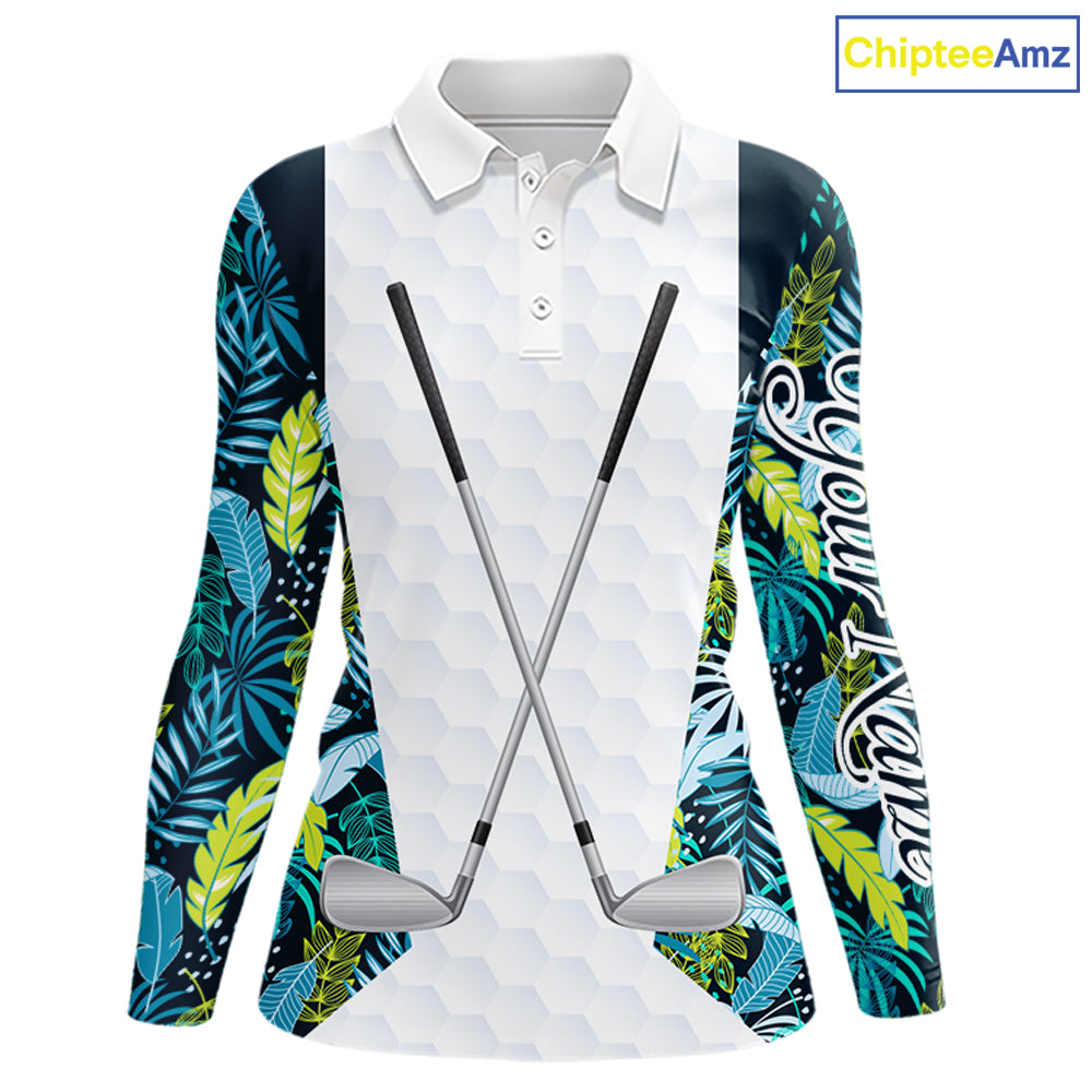 Personalized Green Tropical Plants Pattern Womens Golf Polo Shirts Custom Womens Golf Tops NHT689