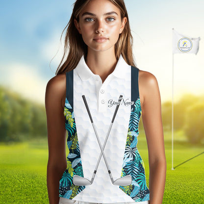 Personalized Green Tropical Plants Pattern Womens Sleeveless Golf Polo Shirts Custom Golf Tops NHT689