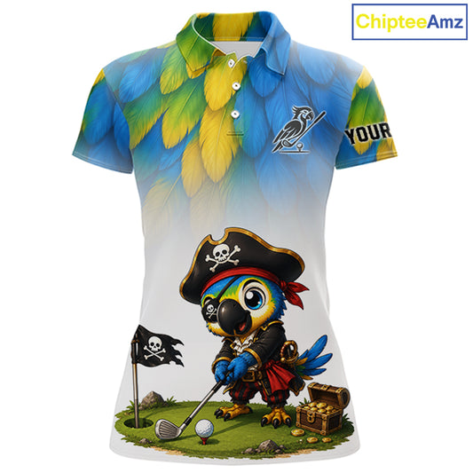 Personalized pirate parrot womens golf polo shirt, custom pirate bird golf jersey, front view.