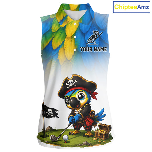 Personalized pirate parrot womens sleeveless golf polo shirt, custom pirate bird golf jersey, printed front view.