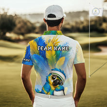 Load image into Gallery viewer, Cute bird hugging golf ball printed mens golf polo shirt, personalized golf outfit, side view.