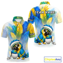 Load image into Gallery viewer, Personalized parrot mens golf polo shirt, cute bird hugging golf ball, front view.