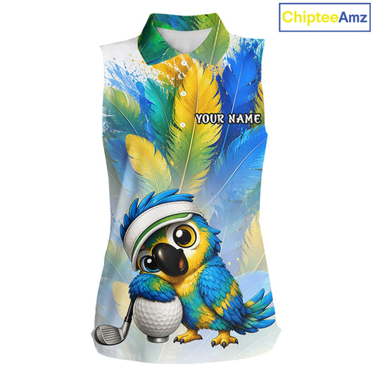 Personalized parrot womens sleeveless golf polo shirt, cute bird hugging golf ball, front view.