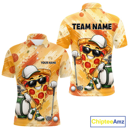 Funny Pizza Men Golf Polo Shirt Custom Name, Personalized Pizza Golfer Team Polo NHT1339
