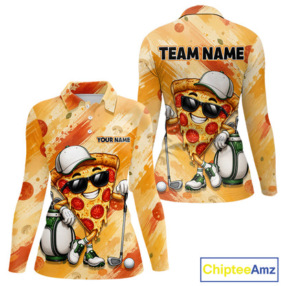 Funny Pizza Women Golf Polo Shirt Custom Name, Personalized Pizza Golfer Team Polo NHT1339