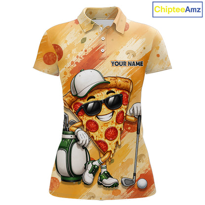 Funny Pizza Women Golf Polo Shirt Custom Name, Personalized Pizza Golfer Team Polo NHT1339