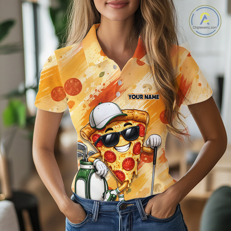 Funny Pizza Women Golf Polo Shirt Custom Name, Personalized Pizza Golfer Team Polo NHT1339