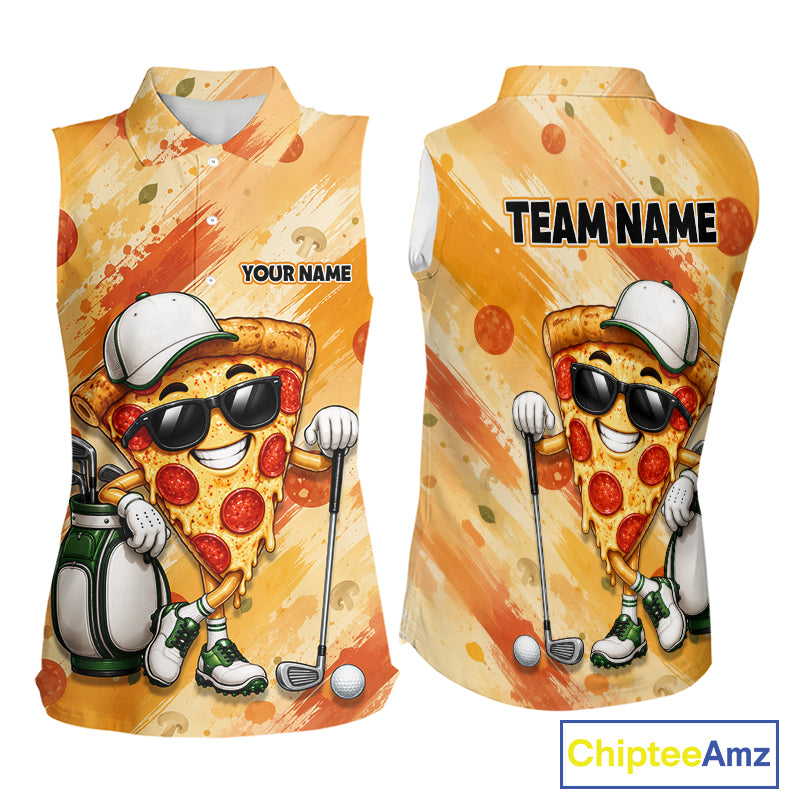 Funny Pizza Women Sleeveless Golf Polo Shirt Custom Name, Personalized Pizza Golfer Team Polo NHT1339
