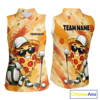 Funny Pizza Women Sleeveless Golf Polo Shirt Custom Name, Personalized Pizza Golfer Team Polo NHT1339