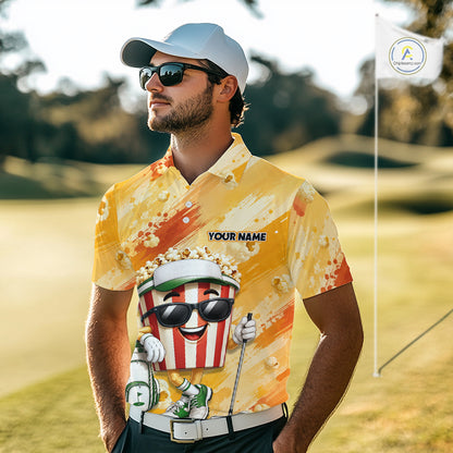 Funny Popcorn Men Golf Polo Shirt Custom Name, Personalized Popcorn Golfer Team Polo NHT1340