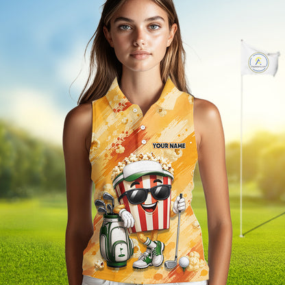 Funny Popcorn Women Sleeveless Golf Polo Shirt Custom Name, Personalized Popcorn Golfer Team Polo NHT1340