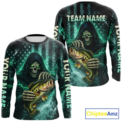 Custom Team Name Grim Reaper Bass Fishing With American Flag - Patriotic Bass Fishing Jersey NHT515