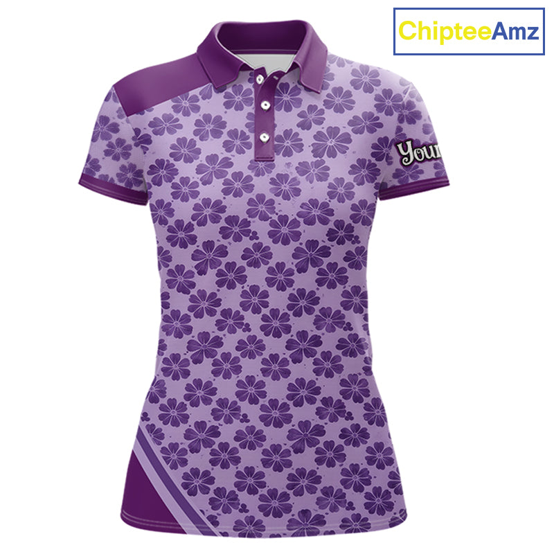 Custom Womens Purple Floral Golf Polo, Personalized Violet Flower Golf Shirt With Name NHT696