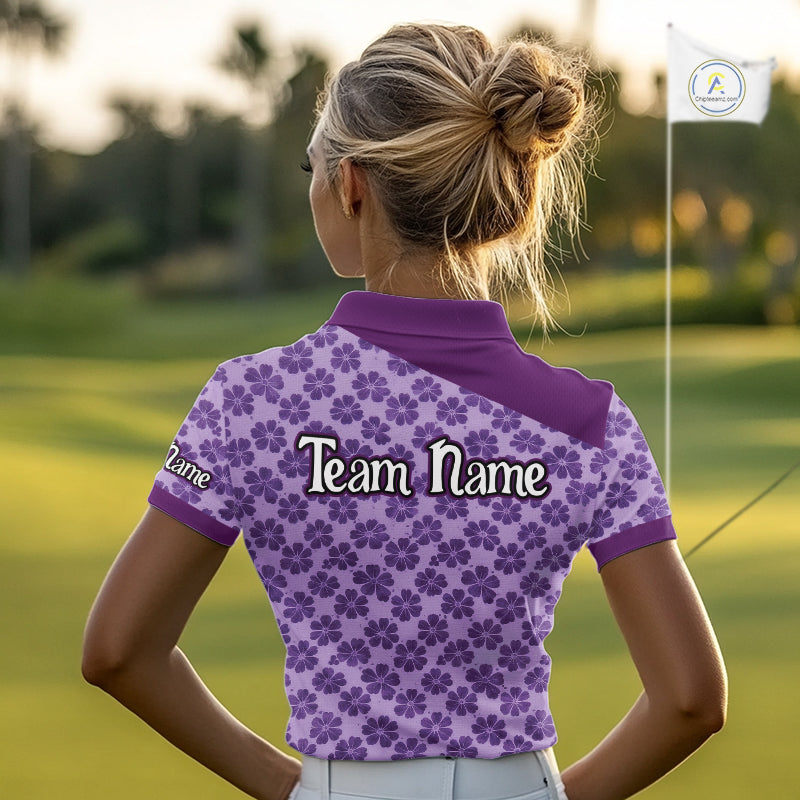 Custom Womens Purple Floral Golf Polo, Personalized Violet Flower Golf Shirt With Name NHT696