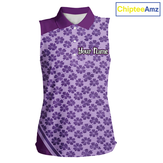 Custom Womens Sleeveless Purple Floral Golf Polo, Personalized Violet Flower Golf Shirt With Name NHT696