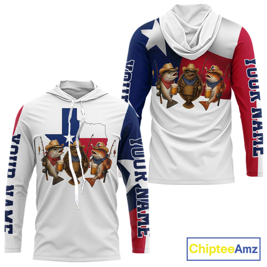 Funny Cowboy Trout, Flounder, Redfish Texas Flag Long Sleeve Hooded  Fishing Shirts Apparel