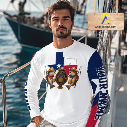 Funny Cowboy Trout, Flounder, Redfish Texas Flag Long Sleeve Fishing Shirts Apparel|White