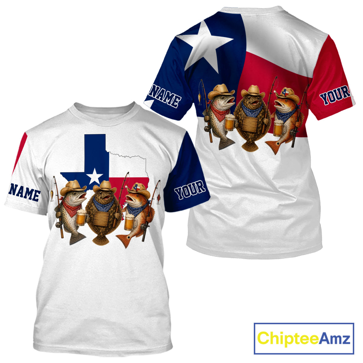 Funny Cowboy Trout, Flounder, Redfish Texas Flag Fishing T-Shirt  Apparel|White 