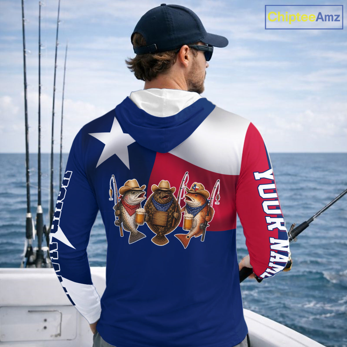 Funny Cowboy Trout, Flounder, Redfish Texas Flag Long Sleeve Hooded  Fishing Shirts Apparel