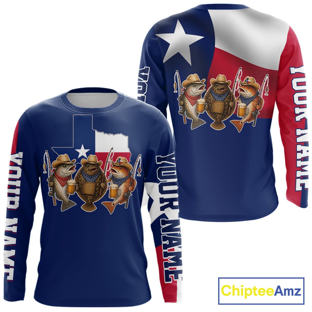 Funny Cowboy Trout, Flounder, Redfish Texas Flag Long Sleeve Fishing Shirts Apparel|Blue