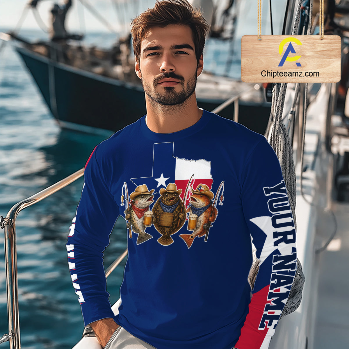 Funny Cowboy Trout, Flounder, Redfish Texas Flag Long Sleeve Fishing Shirts Apparel|Blue