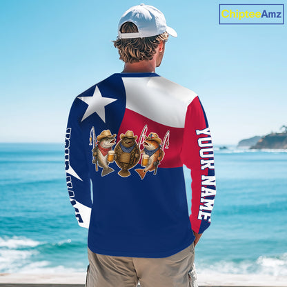 Funny Cowboy Trout, Flounder, Redfish Texas Flag Long Sleeve Fishing Shirts Apparel|Blue