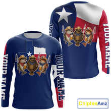 Load image into Gallery viewer, Funny Cowboy Trout, Flounder, Redfish Texas Flag Long Sleeve Fishing Shirts Apparel|Blue