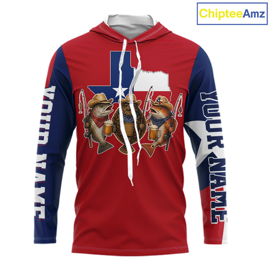 Funny Cowboy Trout, Flounder, Redfish Texas Flag Long Sleeve Hooded  Fishing Shirts Apparel