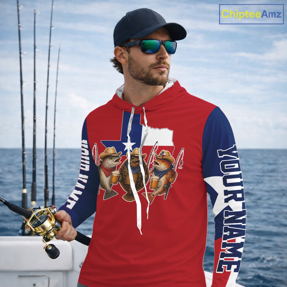 Funny Cowboy Trout, Flounder, Redfish Texas Flag Long Sleeve Hooded  Fishing Shirts Apparel