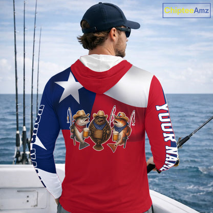 Funny Cowboy Trout, Flounder, Redfish Texas Flag Long Sleeve Hooded  Fishing Shirts Apparel