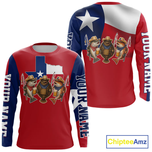Funny Cowboy Trout, Flounder, Redfish Texas Flag Long Sleeve Fishing Shirts Apparel|Red