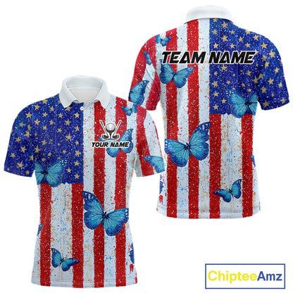 Personalized Blue Butterfly American Flag Polo – Custom Name Patriotic Golf Polo Shirt