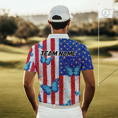 Man wearing a colorful golf shirt with American flag design on a golf course