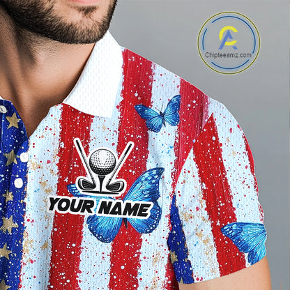 Shirt with American flag design, golf ball and butterfly graphics, and 'Your Name' text placeholder.