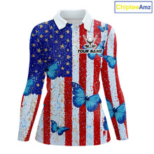 Load image into Gallery viewer, Personalized Blue Butterfly American Flag Polo – Custom Name Patriotic Womens Golf Polo Shirt