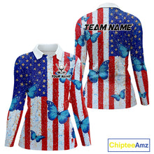 Load image into Gallery viewer, Personalized Blue Butterfly American Flag Polo – Custom Name Patriotic Womens Golf Polo Shirt